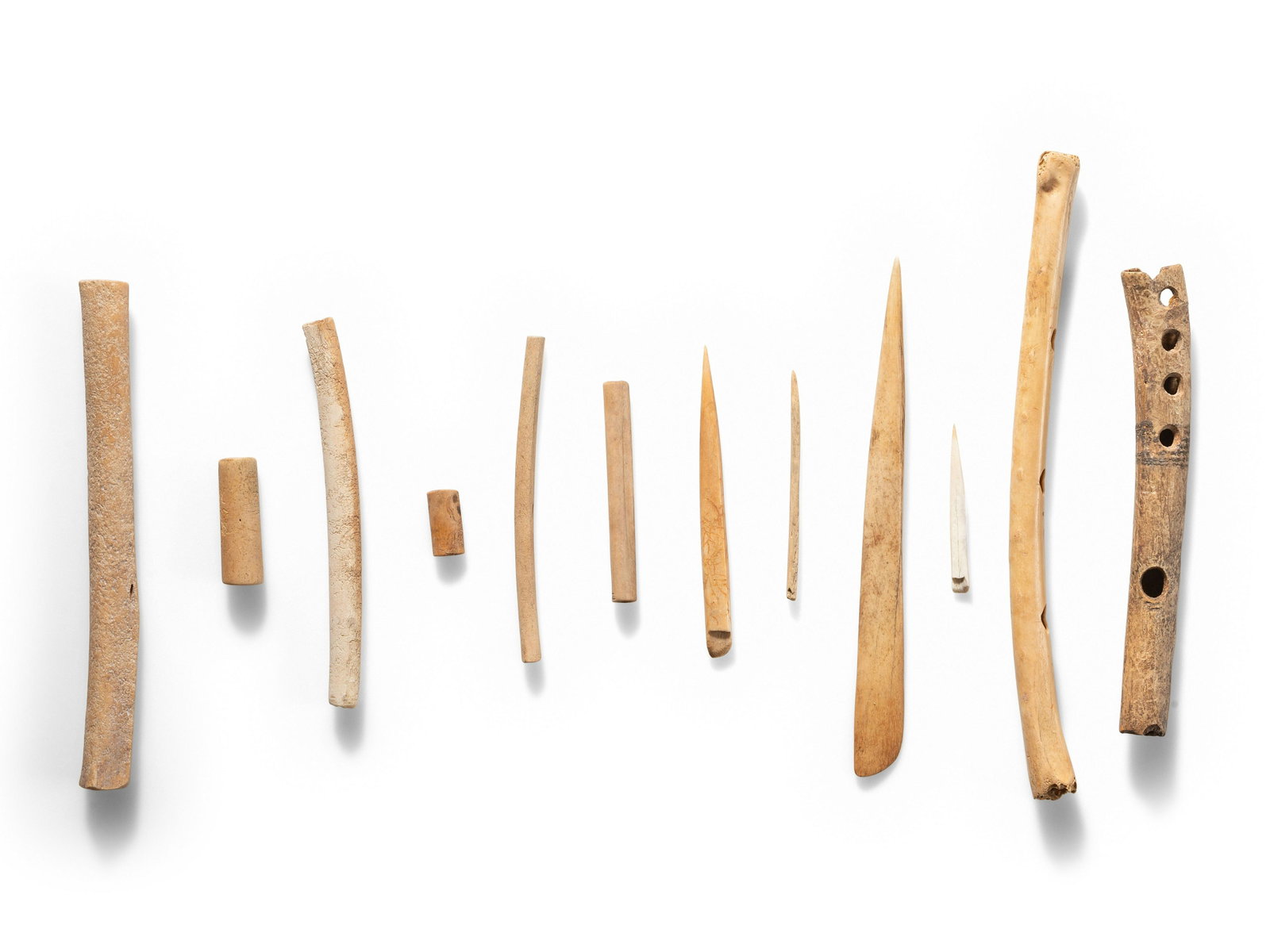 San Lazaro Pueblo Bone Artifacts, Personal Finds by Forrest Fenn: San Lazaro Pueblo Bone Artifacts, Personal Finds by Forrest Fenn pre-1500 lot of 12, includes: 2 flutes, one with painted banded elements lengths 4 inches and 5-1/2 inches 4 awls longest 4-1/2 inches 