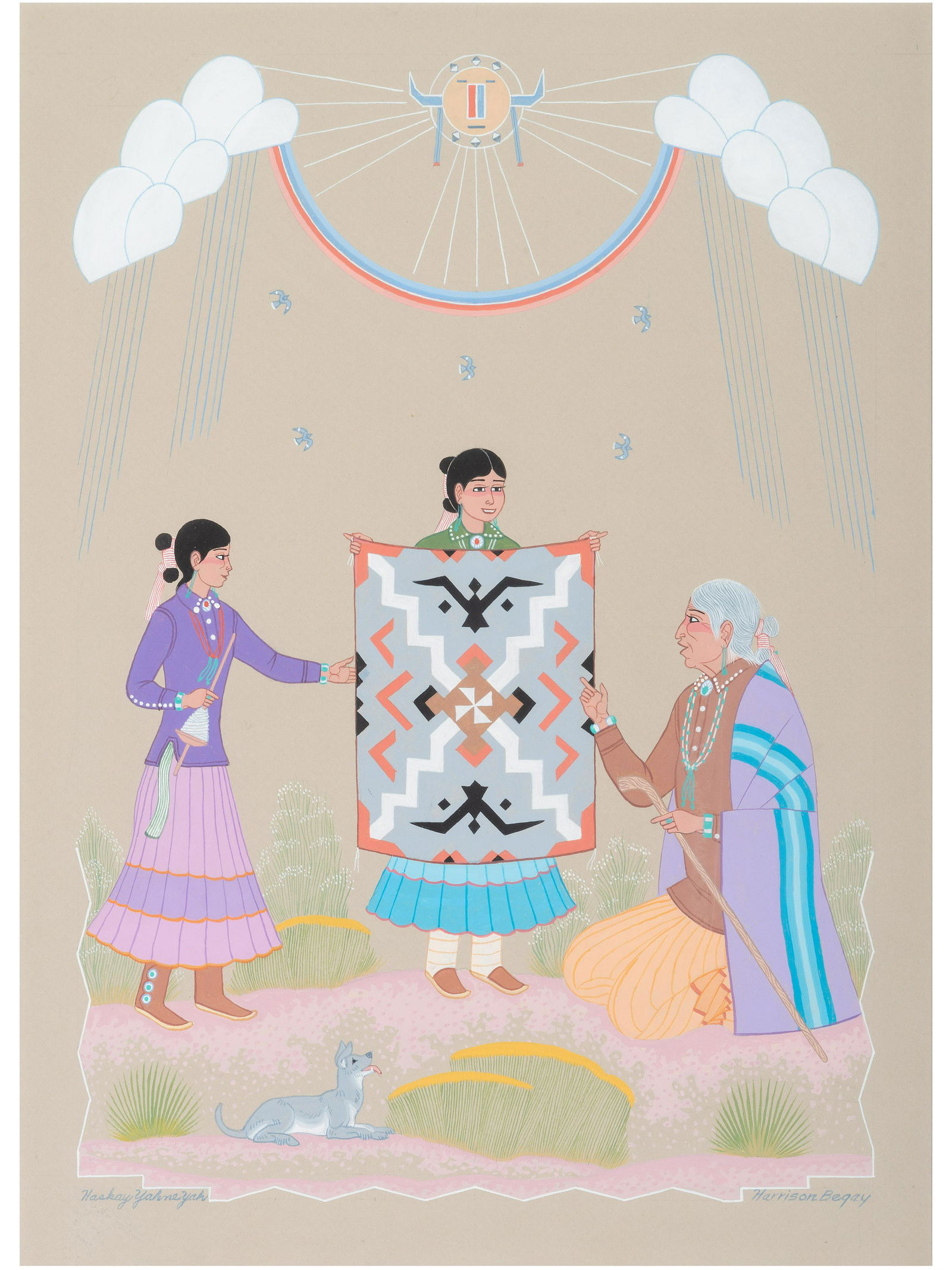 Harrison Begay  (Dine, 1917-2012) Young Weavers Show their Work to Grandmother (1 of 5)