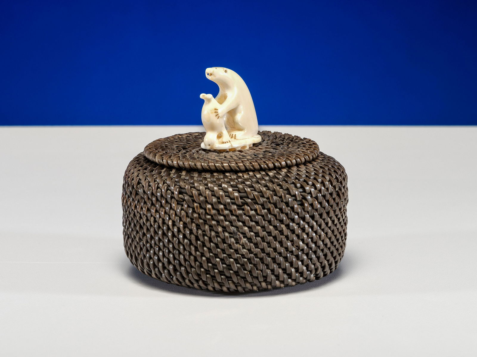 James Omnik (Inupiat, Point Hope, 20th century) Lidded Baleen Basket, with Carved Bear and Seal (1 of 4)