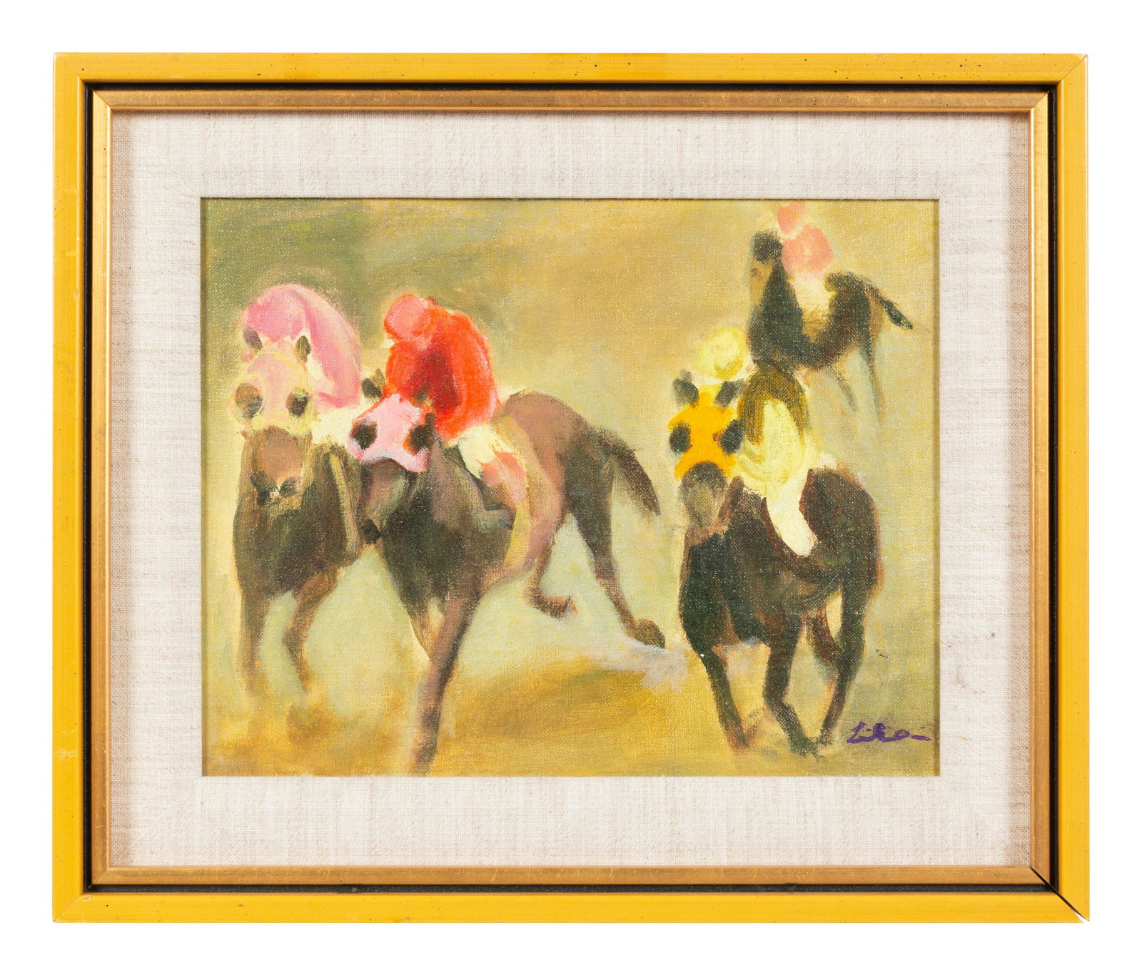 Gustav Likan (Croatian, 1912-1998) Horserace: Gustav Likan (Croatian, 1912-1998) Horserace oil on canvas board signed lower right 9 x 11 1/4 inches.