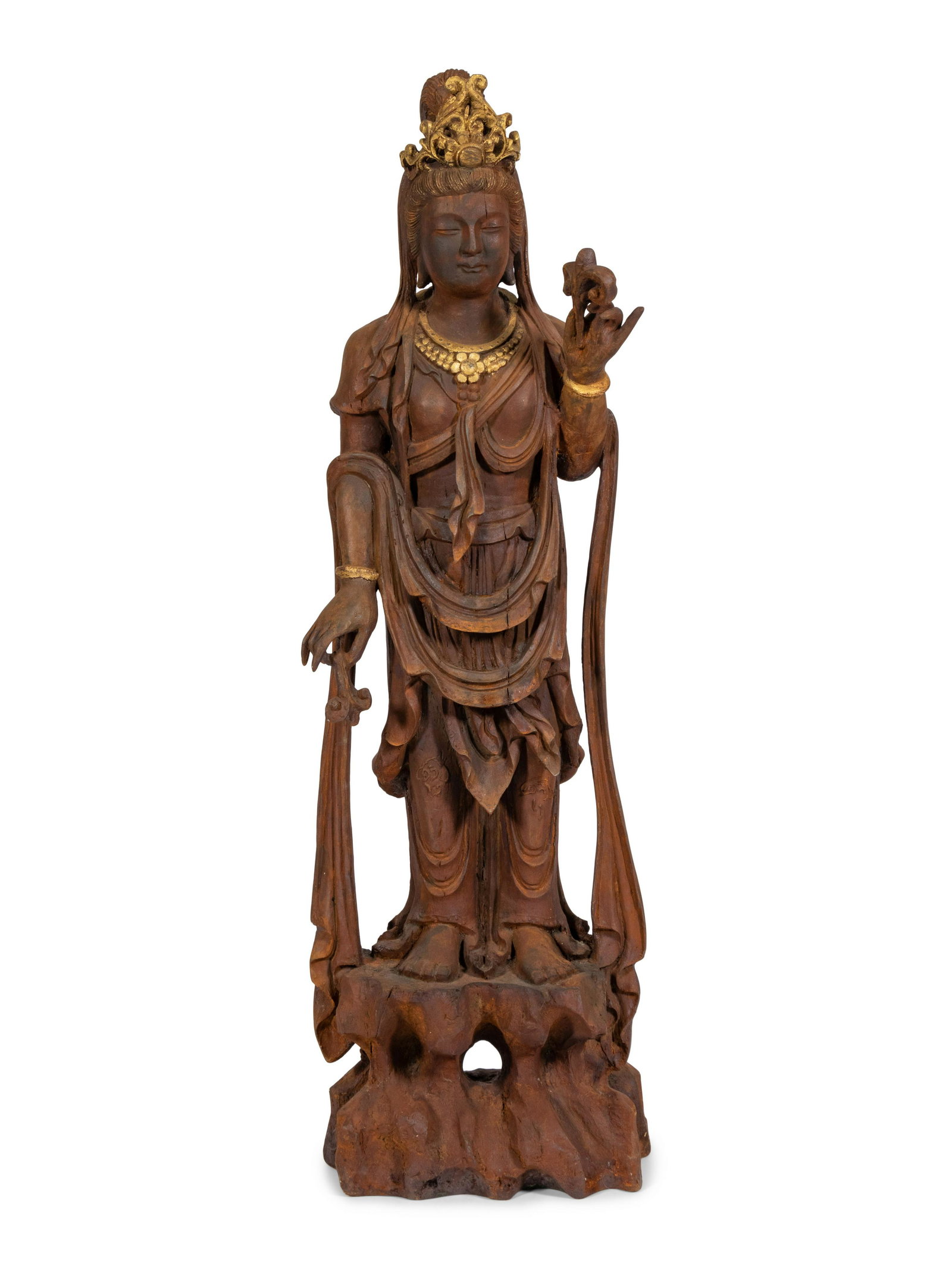 A Carved and Gilt Guanyin Statue: A Carved and Gilt Guanyin Statue 20th Century carved and polychrome painted. height 55 1/2 inches Property from a Lifetime Collector