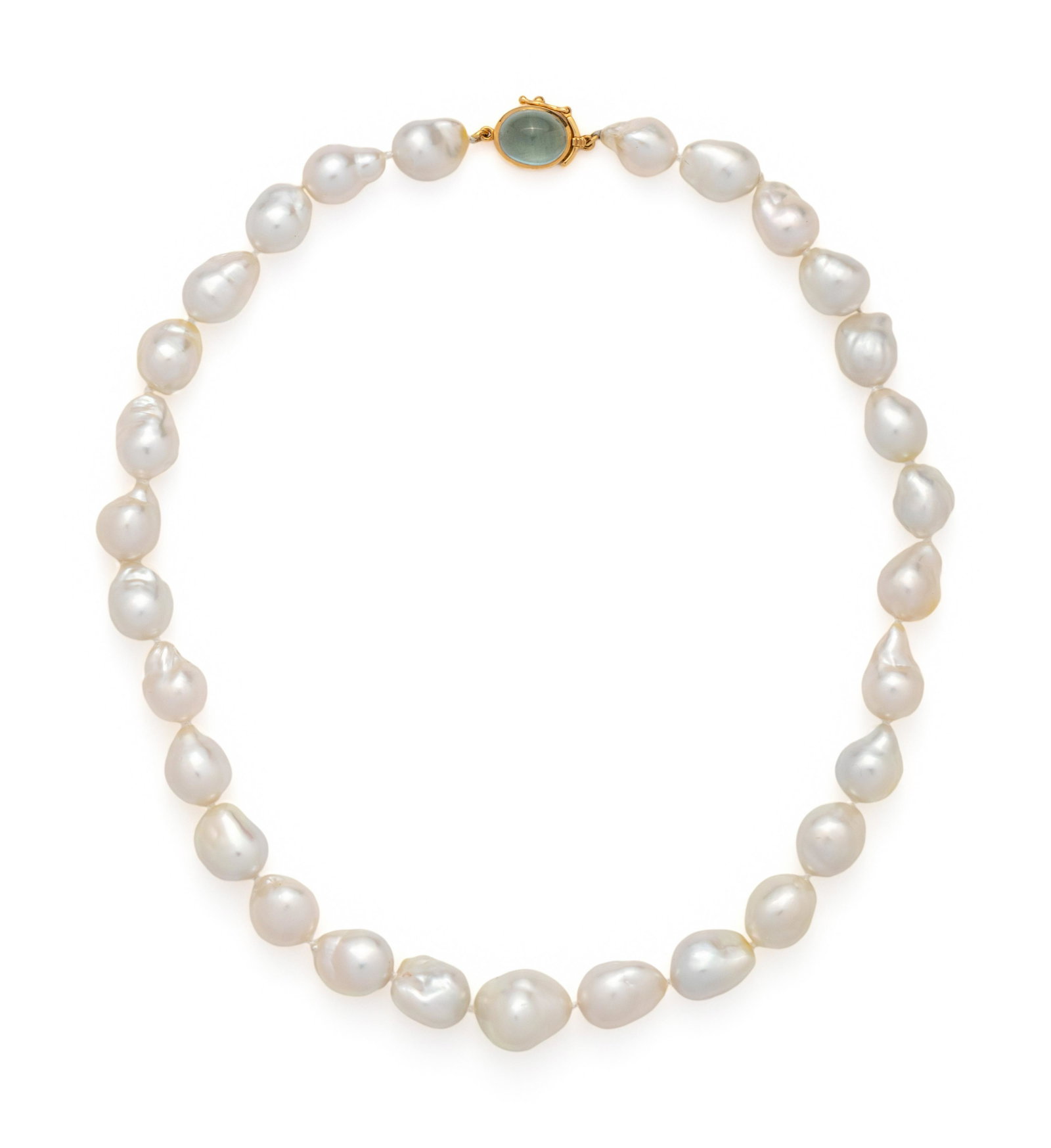 GUMP'S, CULTURED BAROQUE PEARL AND AQUAMARINE NECKLACE: GUMP'S, CULTURED BAROQUE PEARL AND AQUAMARINE NECKLACE Containing graduating Baroque pearls measuring approximately 10.00-14.00 mm wide, strung knotted with a yellow gold clasp containing one oval cab