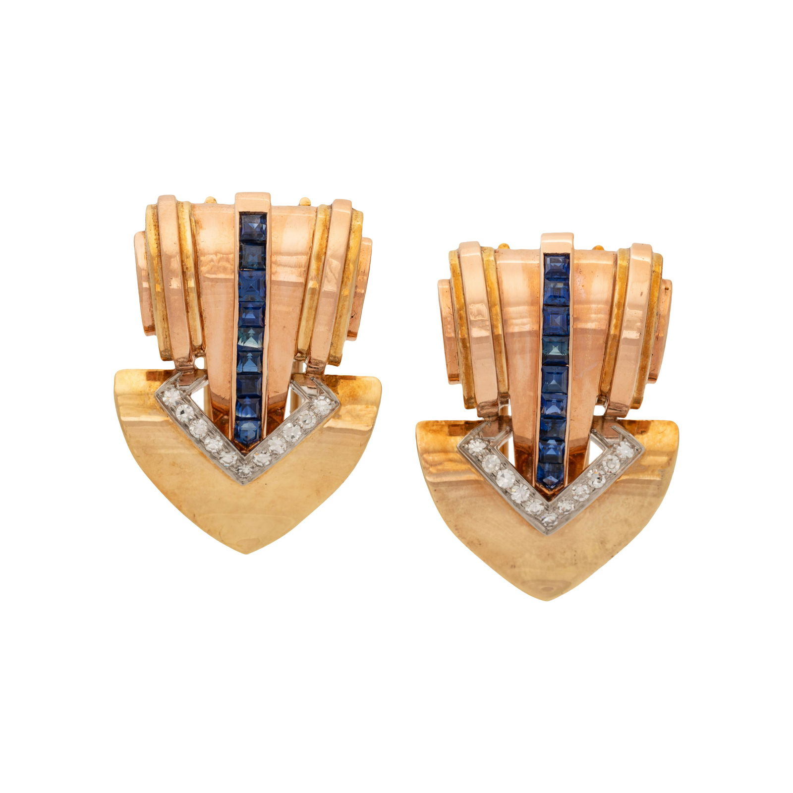 RETRO, PAIR OF BICOLOR GOLD, SAPPHIRE AND DIAMOND CLIP BROOCHES (1 of 2)