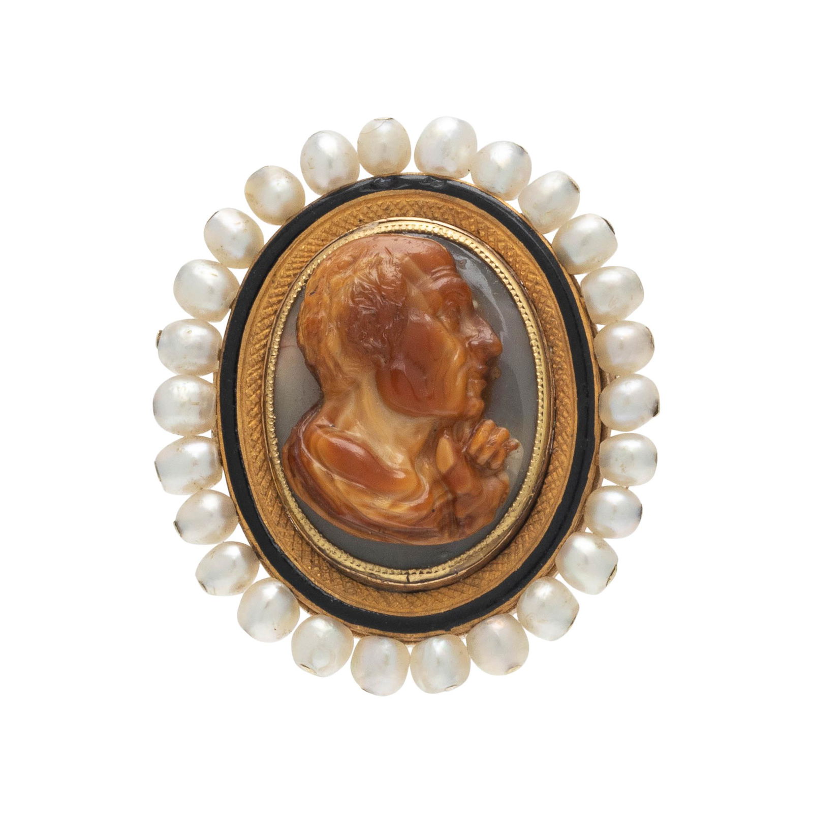 ANTIQUE, AGATE CAMEO, ENAMEL AND PEARL BROOCH (1 of 2)