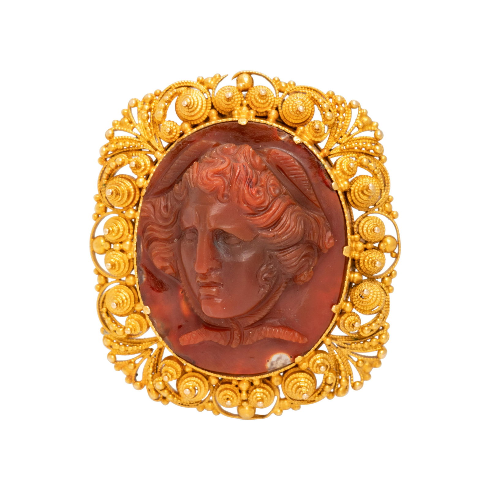 ANTIQUE, YELLOW GOLD AND AGATE CAMEO BROOCH (1 of 2)