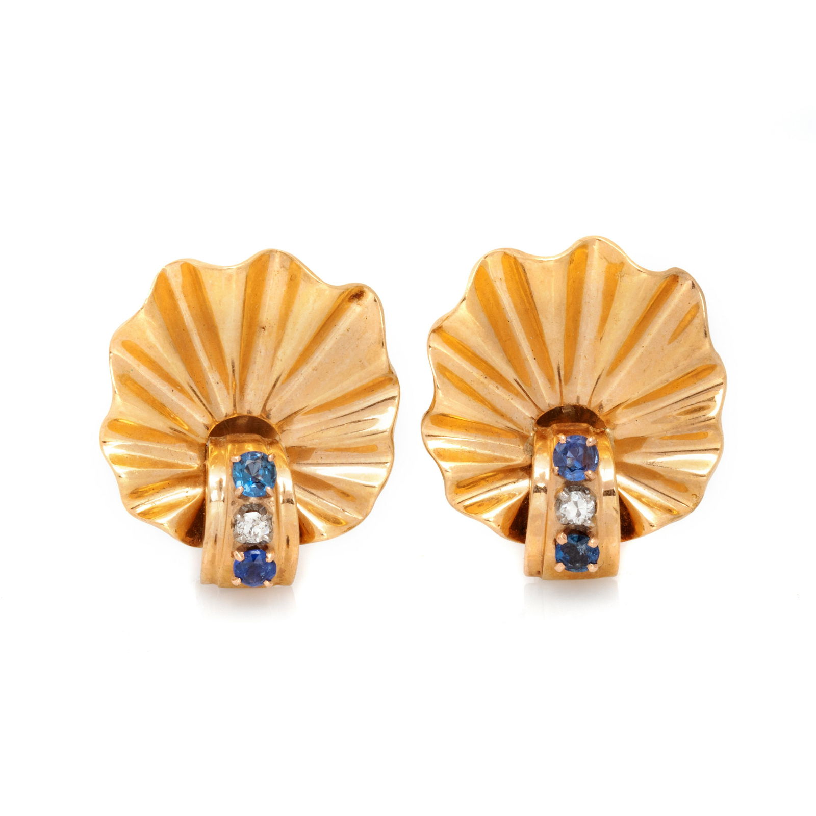 RETRO, YELLOW GOLD, SAPPHIRE AND DIAMOND EARCLIPS (1 of 2)
