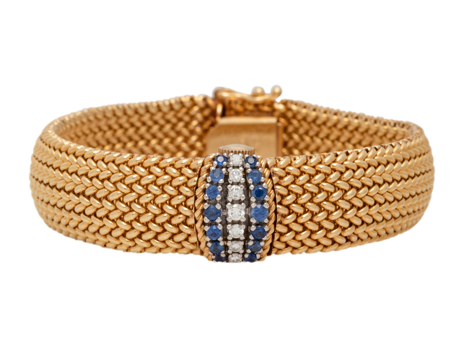 MOVADO, 14K YELLOW GOLD, DIAMOND AND SAPPHIRE SURPRISE WRISTWATCH: MOVADO, 14K YELLOW GOLD, DIAMOND AND SAPPHIRE SURPRISE WRISTWATCH The hinged cover containing seven round brilliant cut diamonds and 14 round mixed cut sapphires, concealing a watch with off white dia