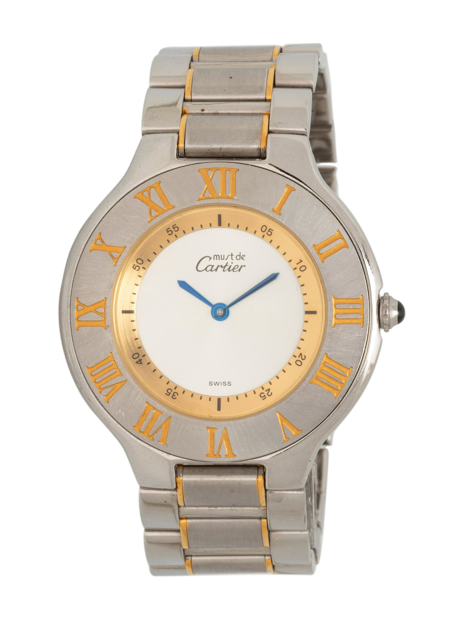 CARTIER, STAINLESS STEEL AND YELLOW GOLD 'MUST DE CARTIER 21' WRISTWATCH: CARTIER, STAINLESS STEEL AND YELLOW GOLD 'MUST DE CARTIER 21' WRISTWATCH 36.00 mm case diameter, matte silvered dial, Arabic minute markers on inner rim of bezel, the bezel with yellow gold Roman nume