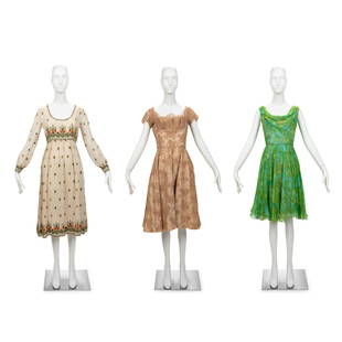 Three Vintage Designer Dresses: Two Ceil Chapman, One Teal Traina, 1960s : Three Vintage Designer Dresses: Two Ceil Chapman, One Teal Traina, 1960s This lot includes three dresses. THE FIRST Off white linen dress with scoop neckline, set in long sleeves with