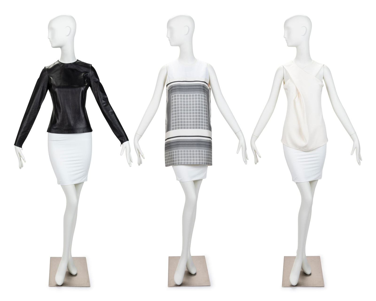 Three Celine Tops, 2010-20s: Three Celine Tops, 2010-20s This lot contains three tops. THE FIRST Black leather top with crew neckline, set in long sleeves, and center back zipper closure. Item retains merchandising labels with a