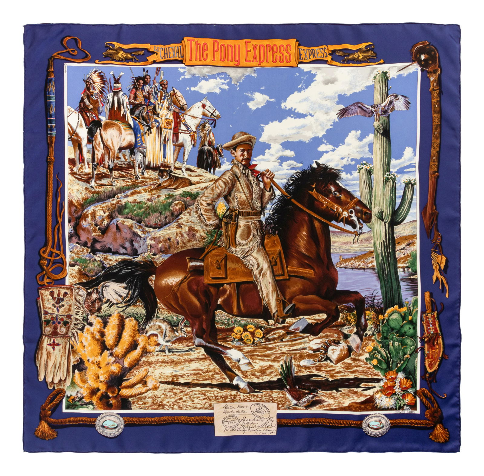 Hermes Kermit Oliver 90cm Silk Scarf: Hermes Kermit Oliver 90cm Silk Scarf "The Pony Express" pattern by Kermit Oliver. Year of issue, 1993. Label (within the print): Hermes
