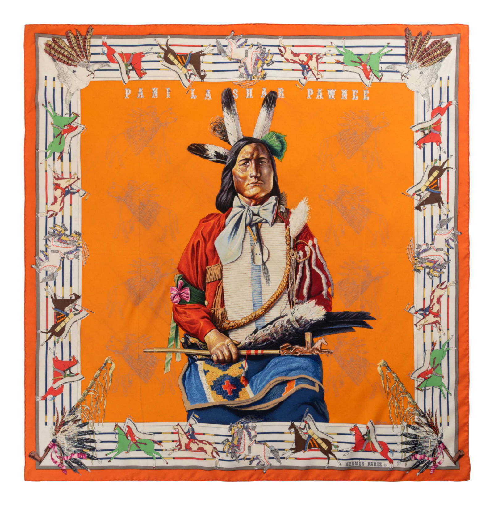 Hermes Kermit Oliver 90cm Silk Scarf: Hermes Kermit Oliver 90cm Silk Scarf 90cm "Pani la Shar Pawnee" pattern by Kermit Oliver. Year of design first issue, 1984. Label (within the print): Hermes Property from the Estate of Bud and Donna O