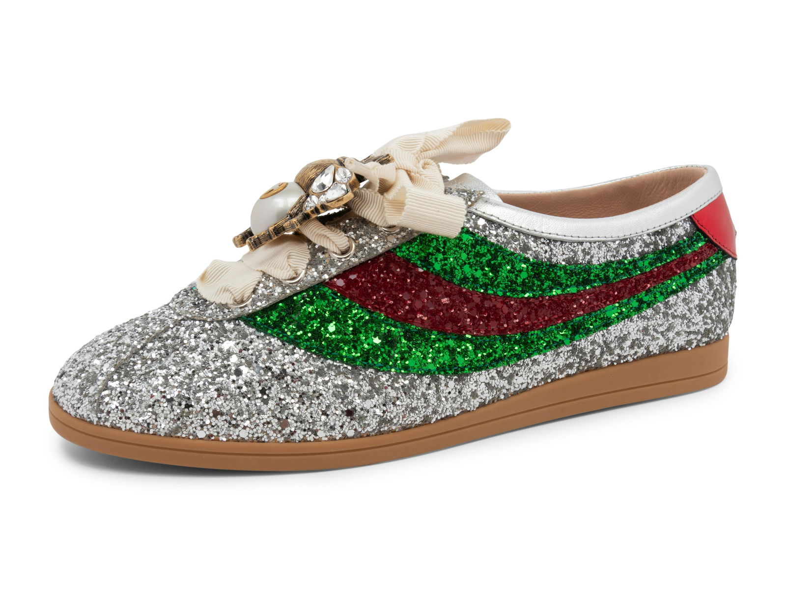 Gucci Silver Shoes with Bee, Unworn: Gucci Silver Shoes with Bee, Unworn Silver, red, and green glitter Falacer sneakers with embellished gold-tone bee hardware and white laces. Label: Gucci Size Label: 37.5 Approximate Measurements: Hee