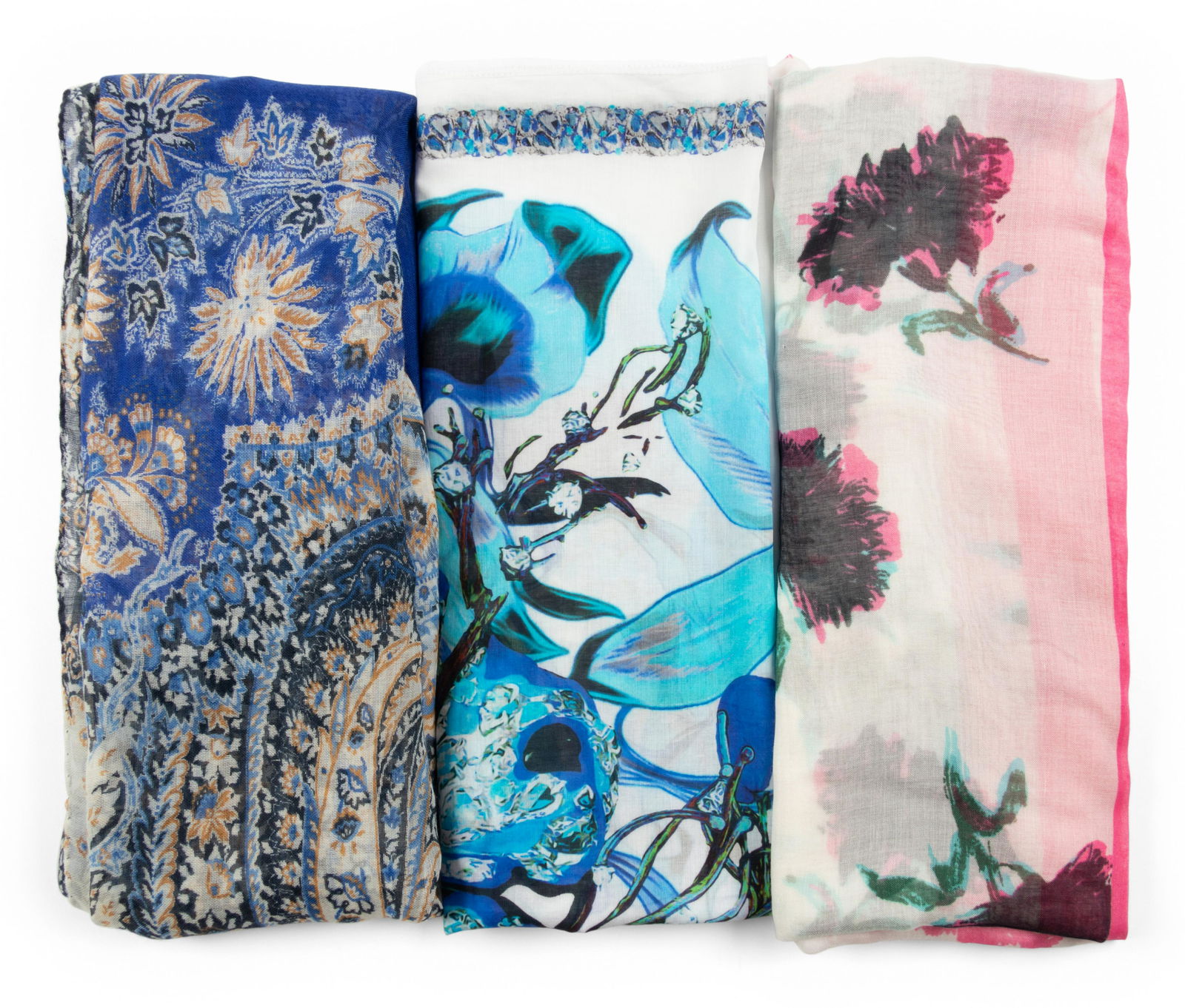 Three Scarves: Oscar de la Renta, Roberto Cavalli, Etro: Three Scarves: Oscar de la Renta, Roberto Cavalli, Etro This lot contains three scarves. THE FIRST White modal scarf with pink, black, and blue floral pattern and frayed edges. Label: Oscar de la Rent