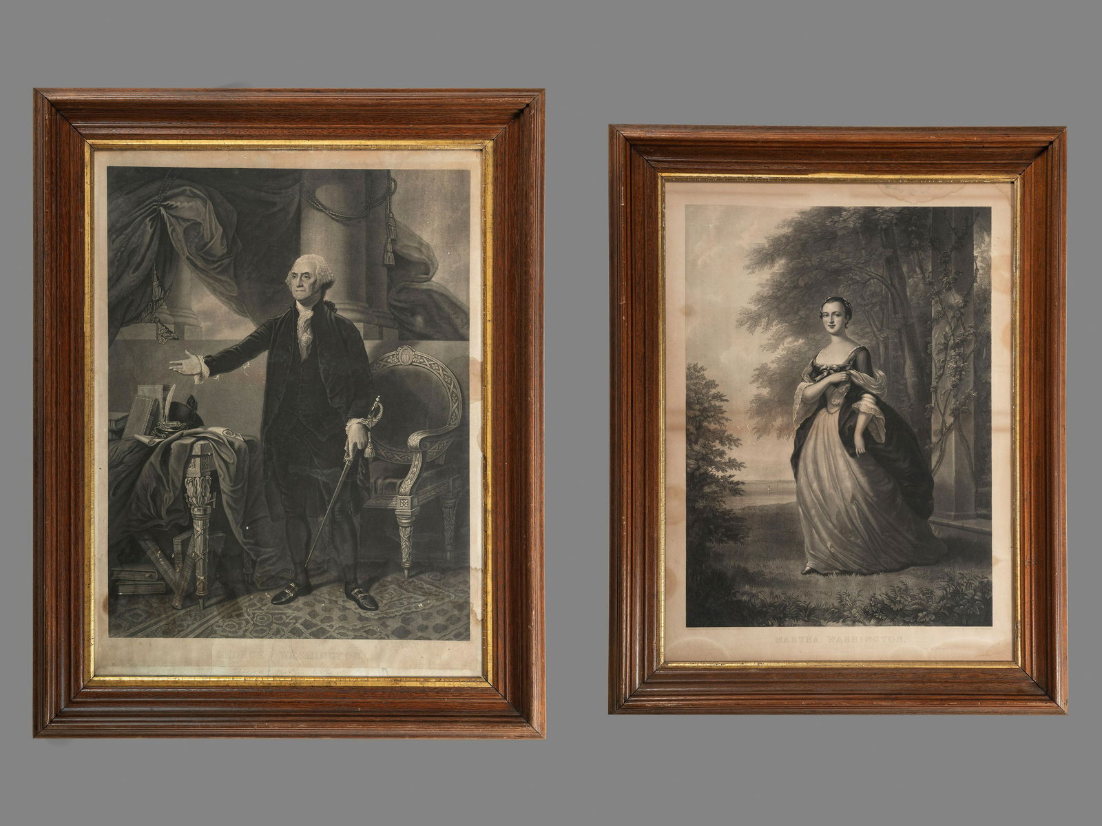 A Pair of Engravings Depicting George and Martha Washington: A Pair of Engravings Depicting George and Martha Washington American, Mid-19th Century Henry S. Sadd (English, 1811-1893), after Gilbert Stuart George Washington engraving on paper 28 x 21 inches (pla
