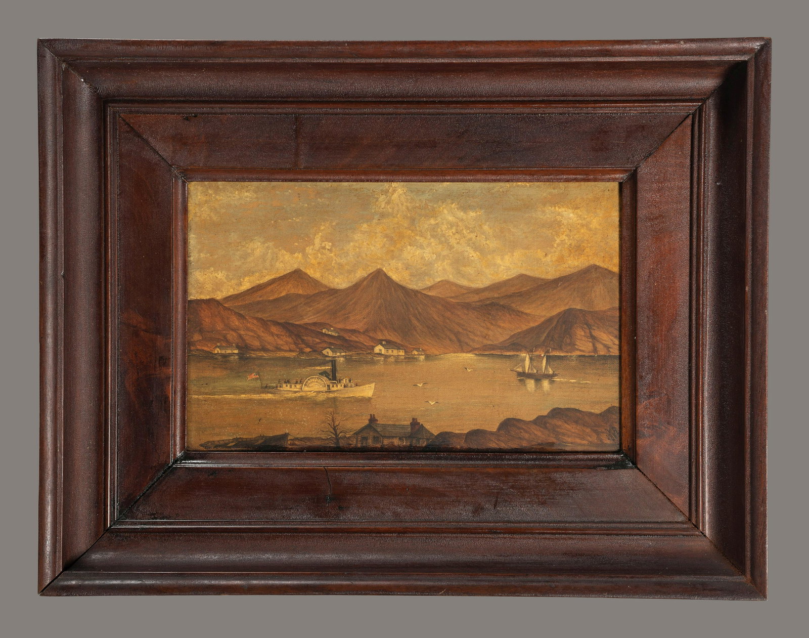 American School, 19th Century: American School, 19th Century Ohio Riverscape oil on canvas initialed VB and dated 1885 (lower right) 7 1/4 x 11 5/8 inches.