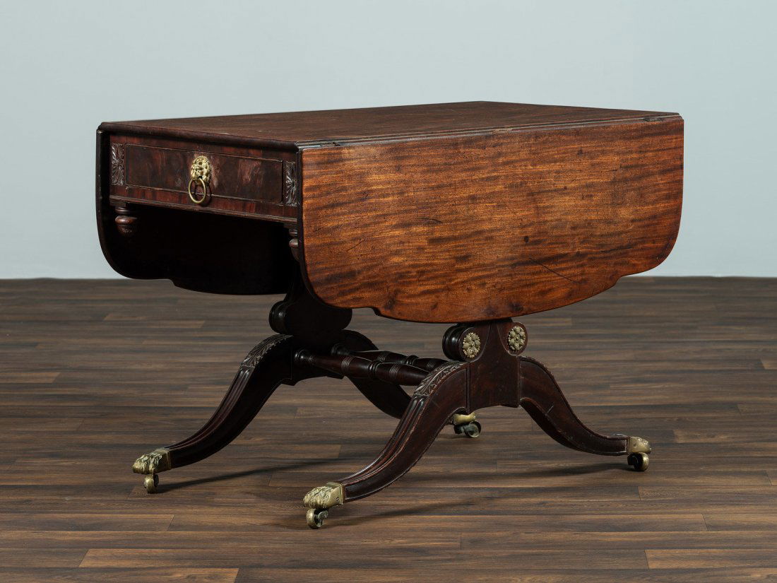 A Classical Brass-Mounted Walnut and Mahogany Pembroke Table: A Classical Brass-Mounted Walnut and Mahogany Pembroke Table Style of Duncan Phyfe, Probably New York, 19th Century Height 28 1/2 x width (closed) 23 1/2 x depth 42 inches. Property from a Private Chi