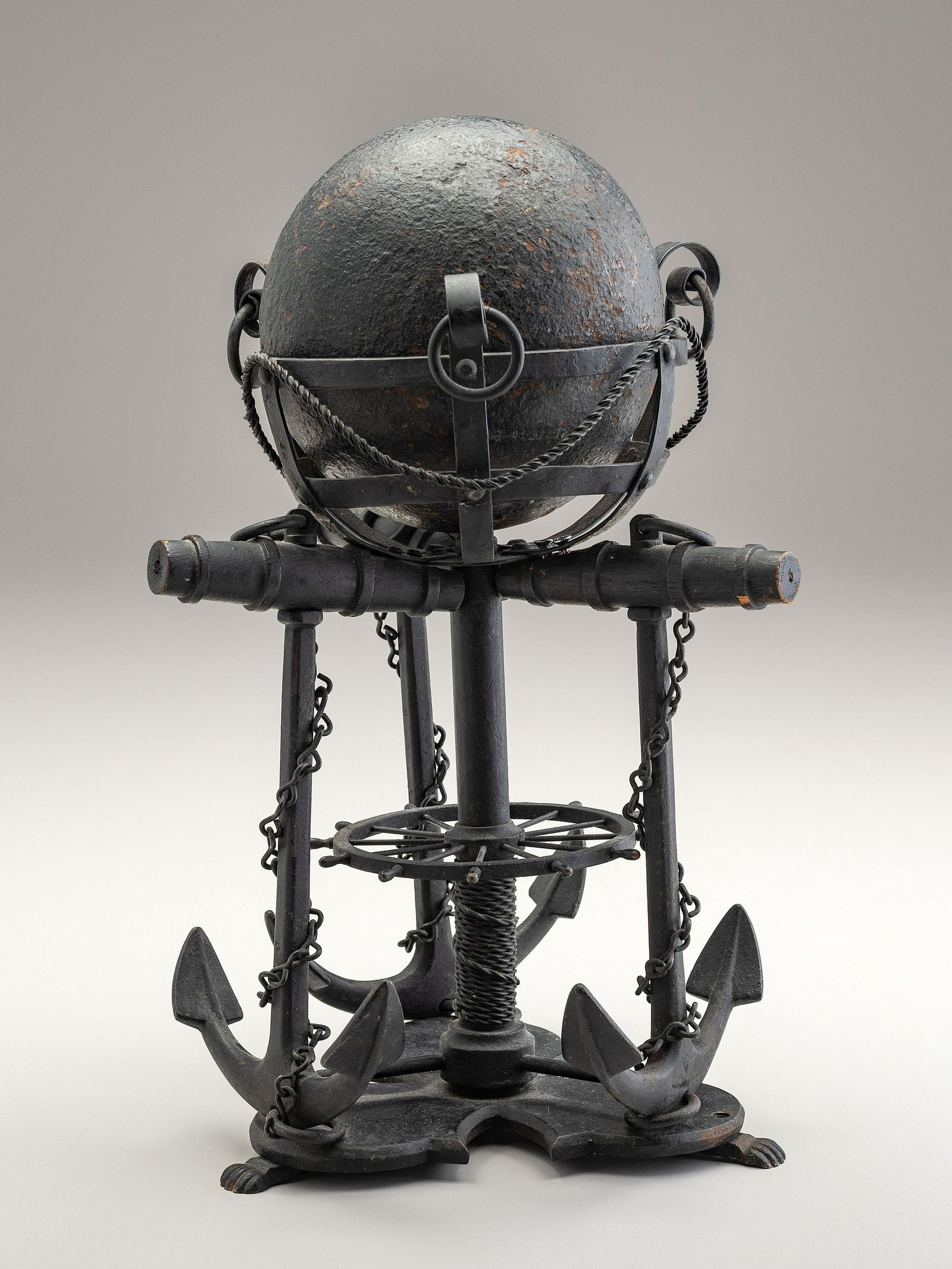 A Nautical Carved Wood and Iron Cannon Ball Stand (1 of 2)