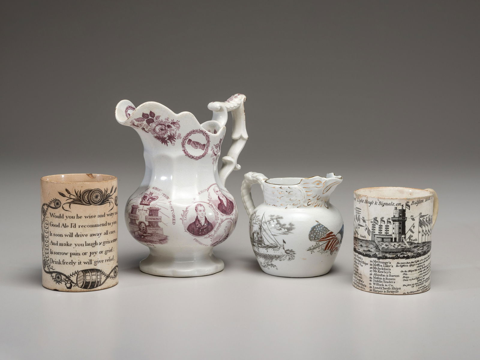 Two Commemorative Creamware Pitchers and Two Ale Mugs (1 of 3)