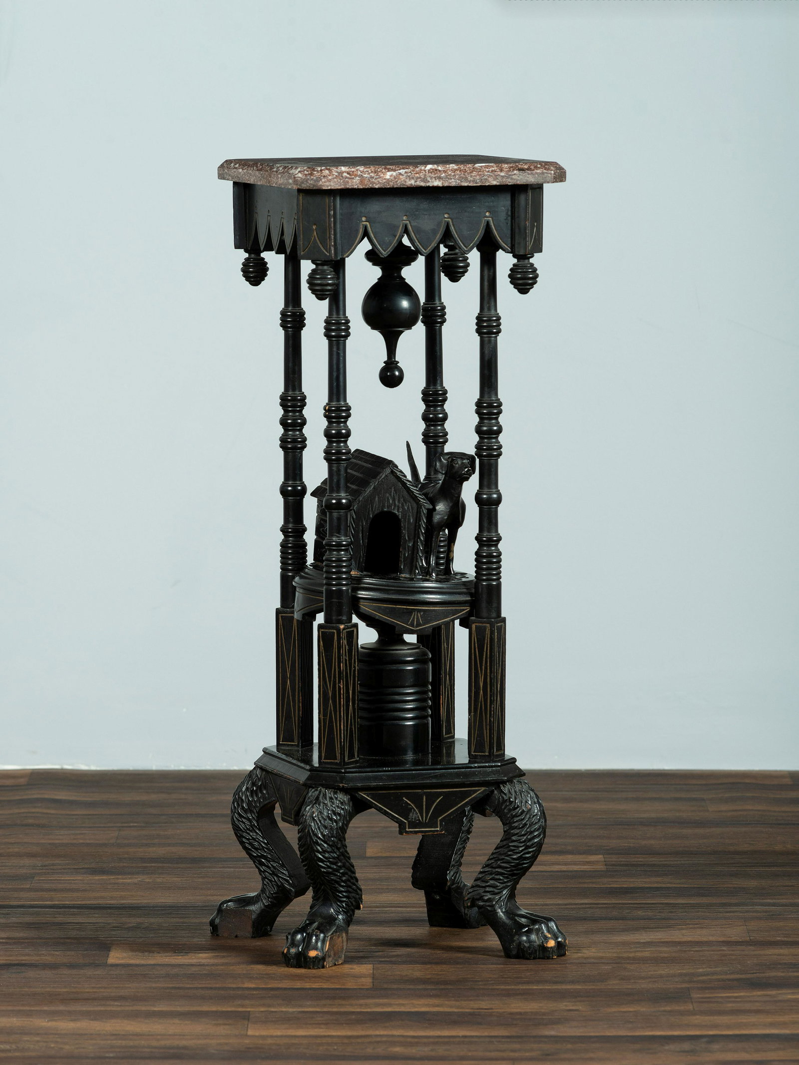 A Victorian Marble-Top Carved and Ebonized Parlor Table with Dog  (1 of 10)
