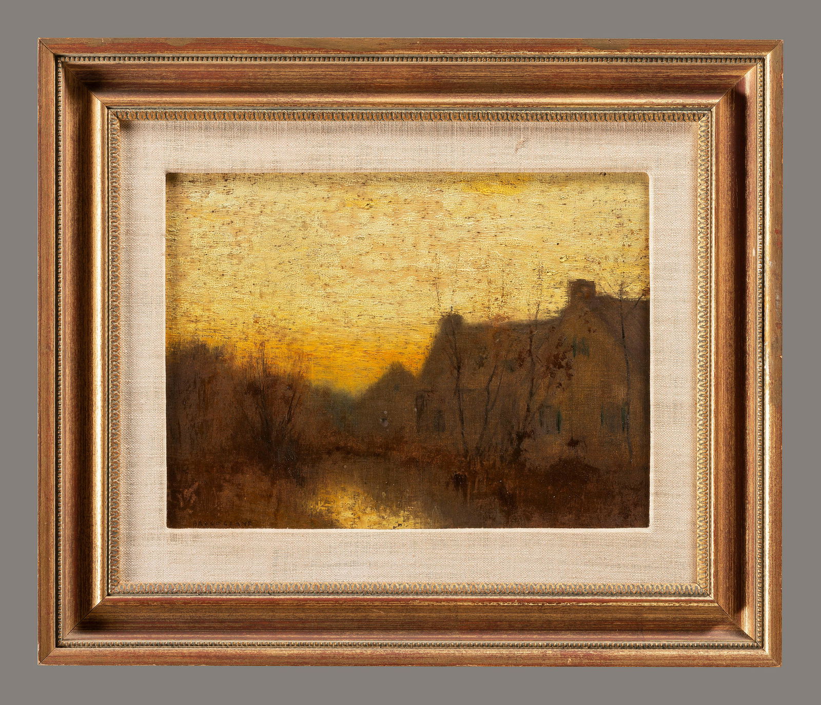 Bruce Crane (American, 1857-1937): Bruce Crane (American, 1857-1937) Landscape with Houses oil on Masonite board signed lower left 11 x 15 inches. Property from a Michigan Collector