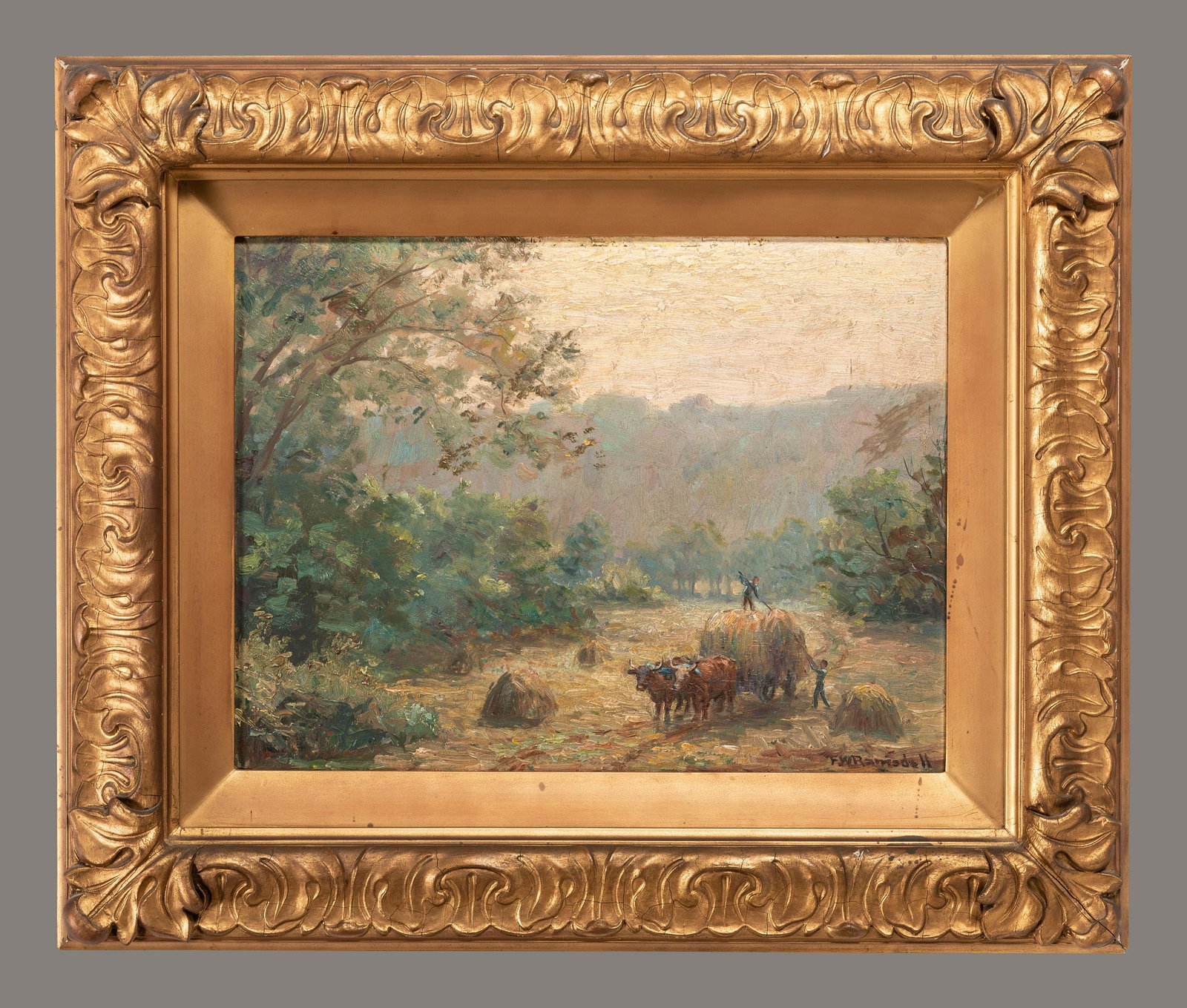 Frederick Winthrop Ramsdell (American, 1865-1915): Frederick Winthrop Ramsdell (American, 1865-1915) Summer Afternoon in the Hay Field oil on panel signed F.W. Ramsdell lower right 11 1/2 x 15 3/8 inches. Property from a Michigan Collector