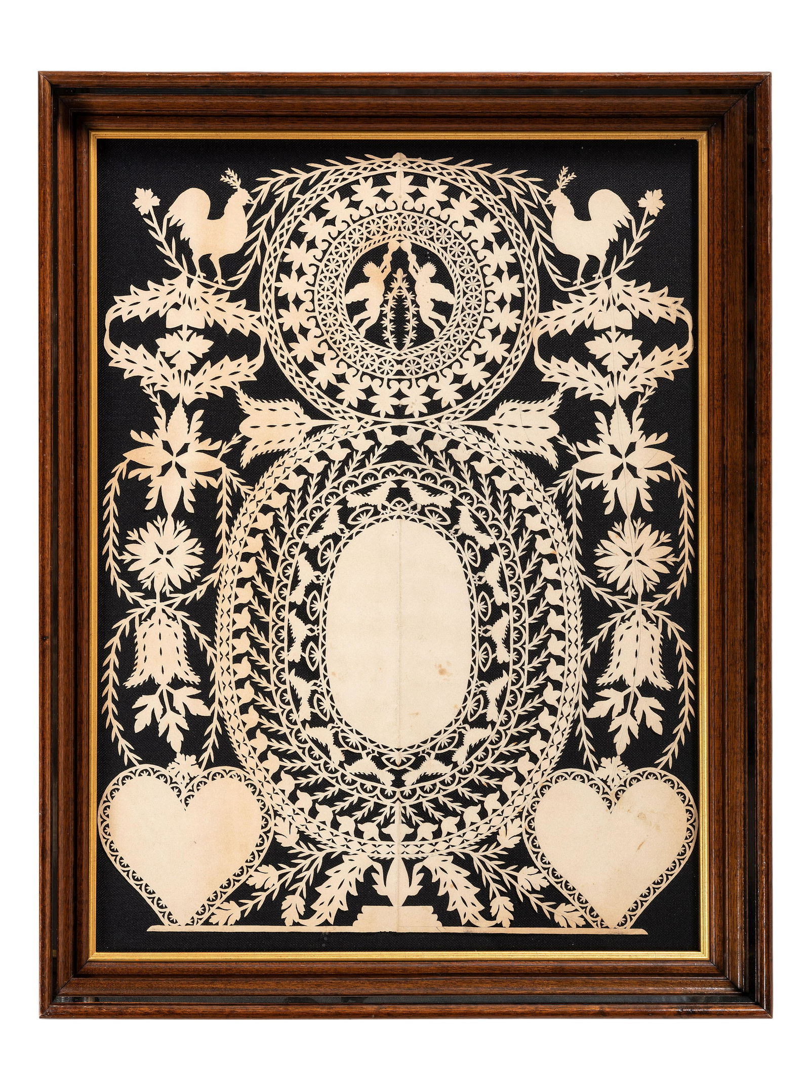 A Scherenschnitte Cutwork Picture with Roosters, Putti, and Hearts (1 of 2)