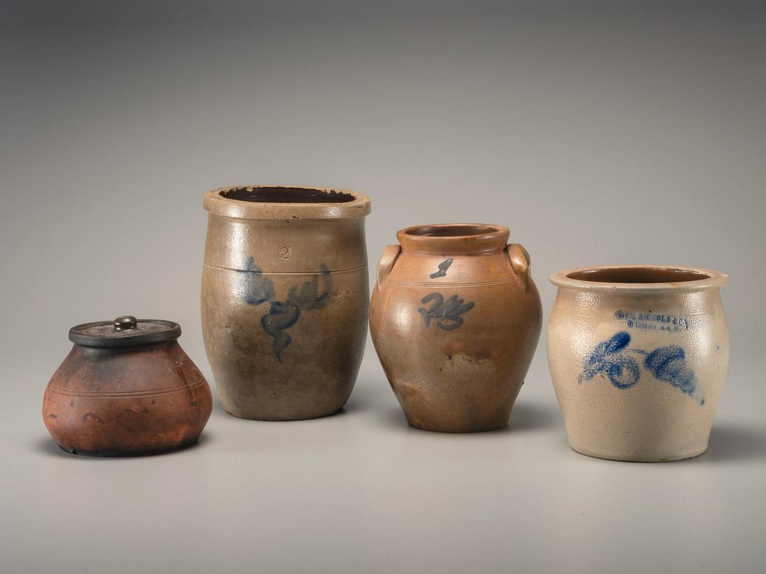 Three Cobalt Decorated Stoneware Vessels (1 of 3)
