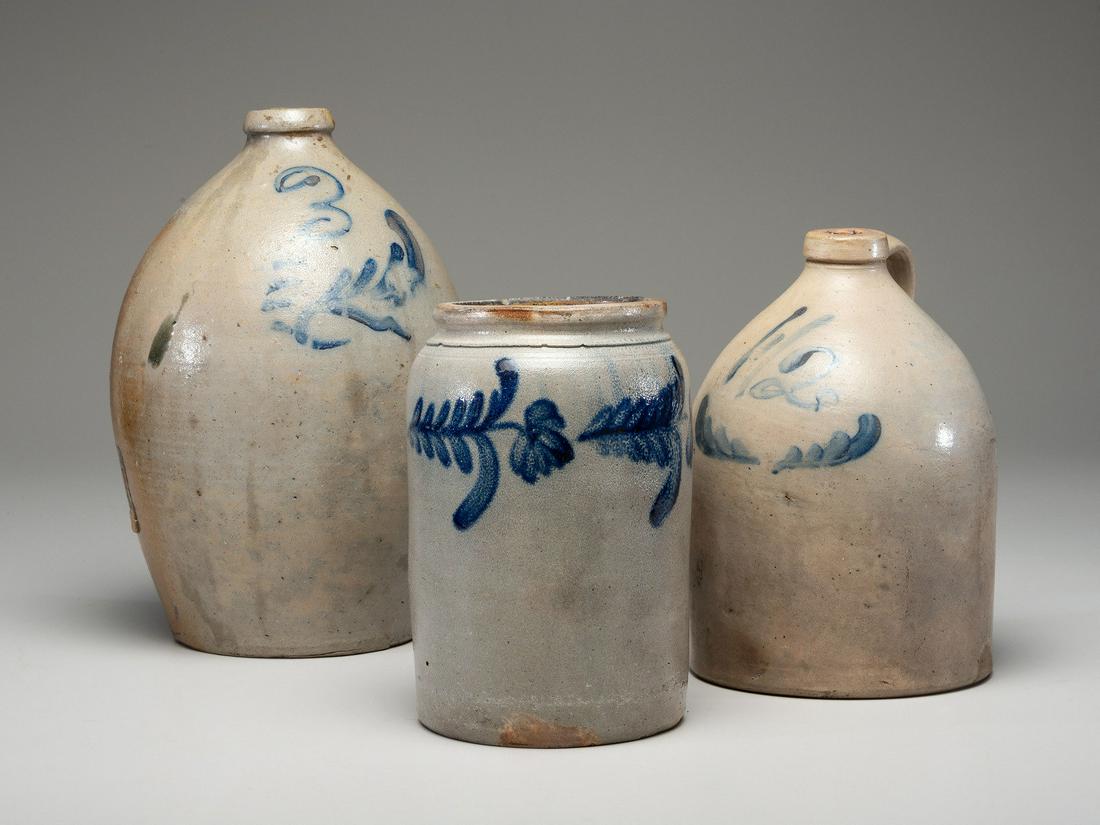 Three Cobalt Decorated Stoneware Vessels (1 of 3)