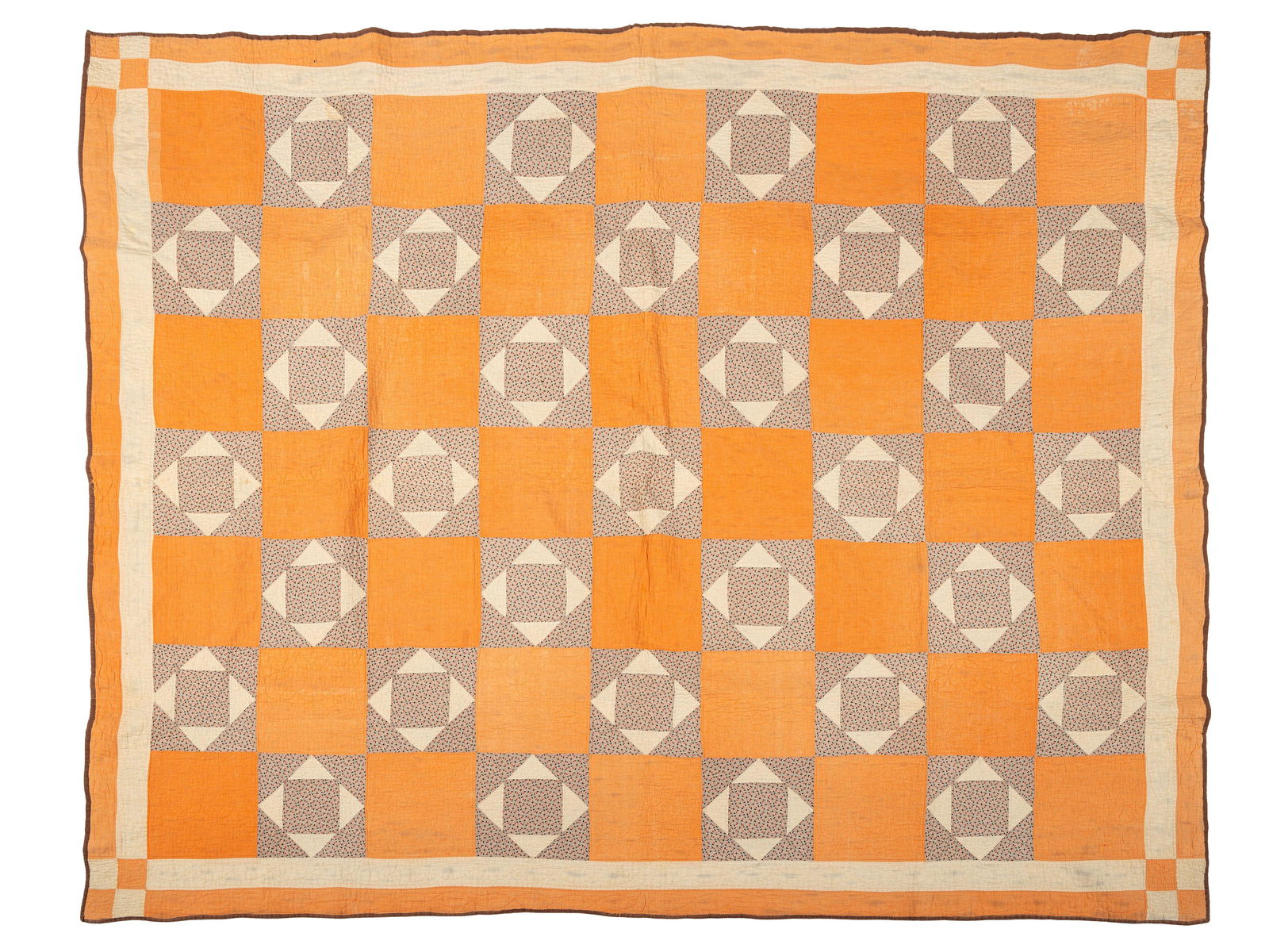 An Orange and Floral Fabric Box Pieced Cotton Quilt (1 of 1)