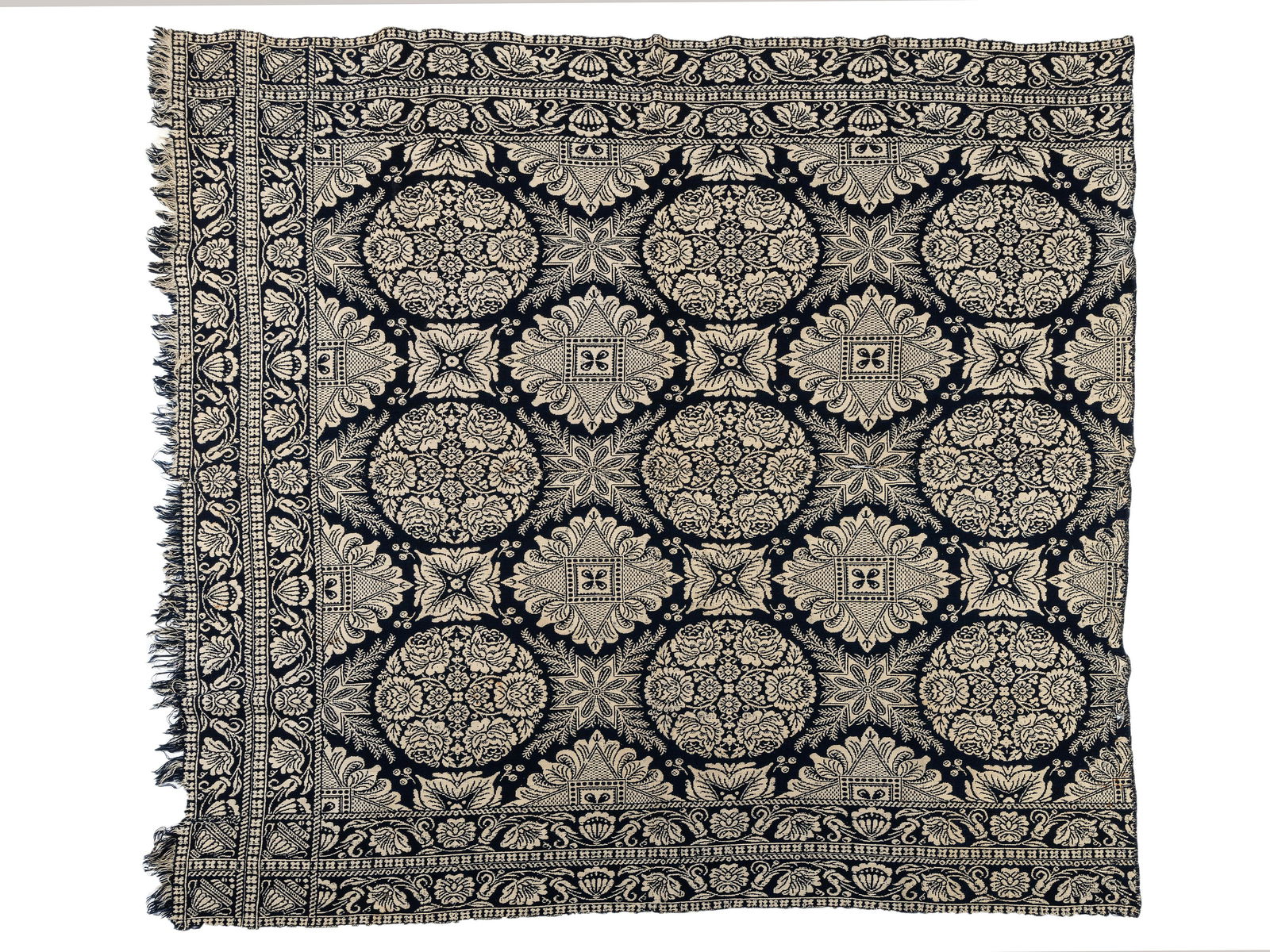 A Blue and White Double Rose Pattern Jacquard Woven Coverlet (1 of 1)