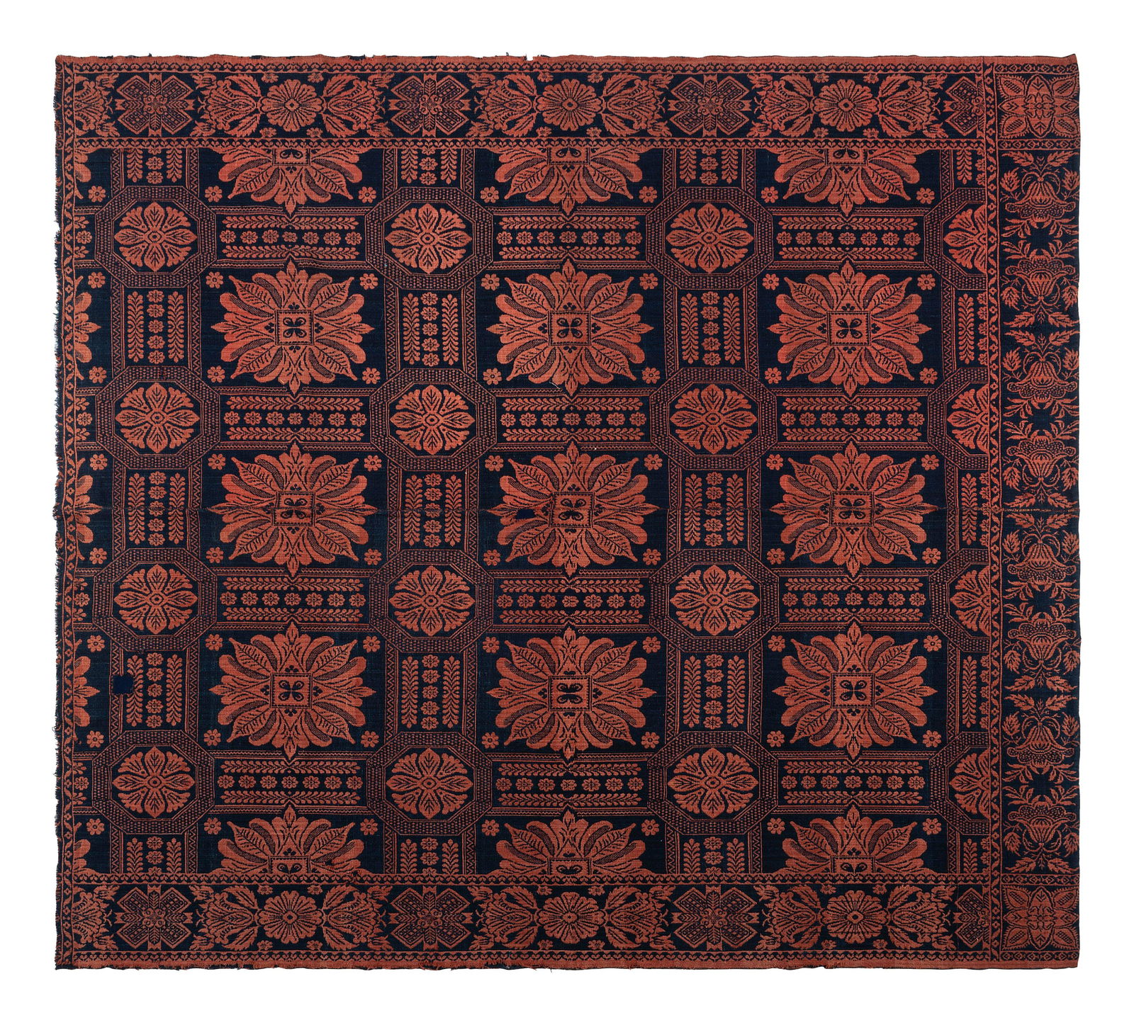 Two Blue and Orange Jacquard Wool and Cotton Coverlets (1 of 5)