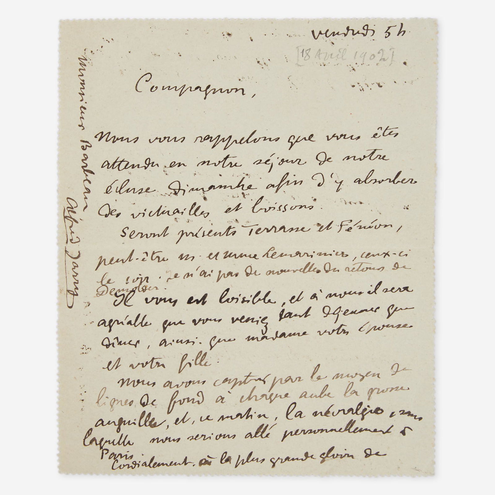 [Literature] Jarry, Alfred Autograph Letter, signed (1 of 2)