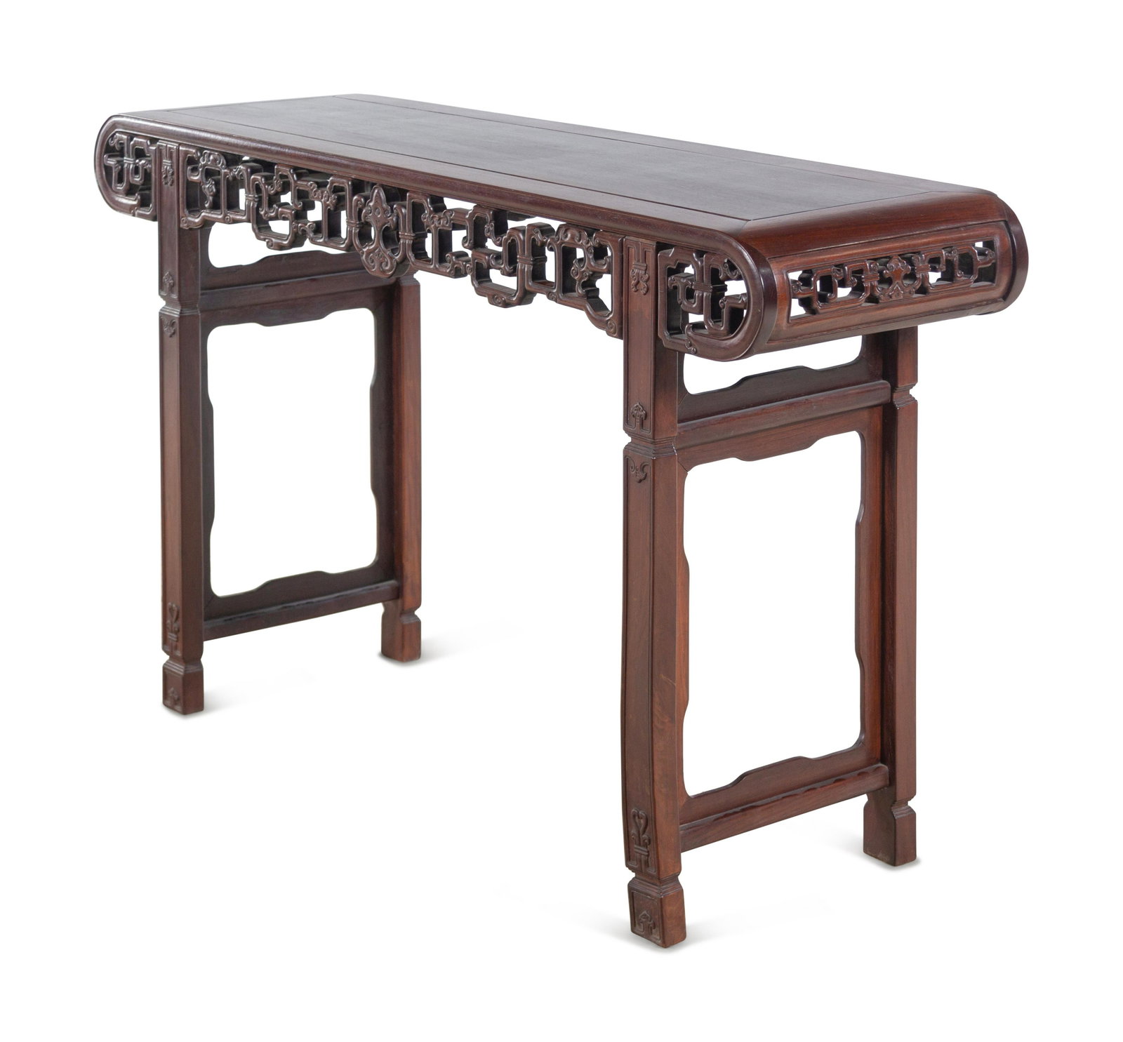 A Rosewood Scroll-End Altar Table: A Rosewood Scroll-End Altar Table 20TH CENTURY 近代 紅木書卷式平頭案 the paneled top has down-scrolled ends, above a pierced interlaced apro