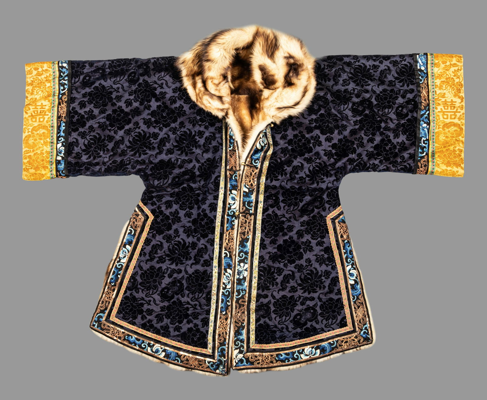 A Navy Blue Ground Cut Velvet, Embroidered Silk and Fur-Lined Lady's Robe (1 of 4)
