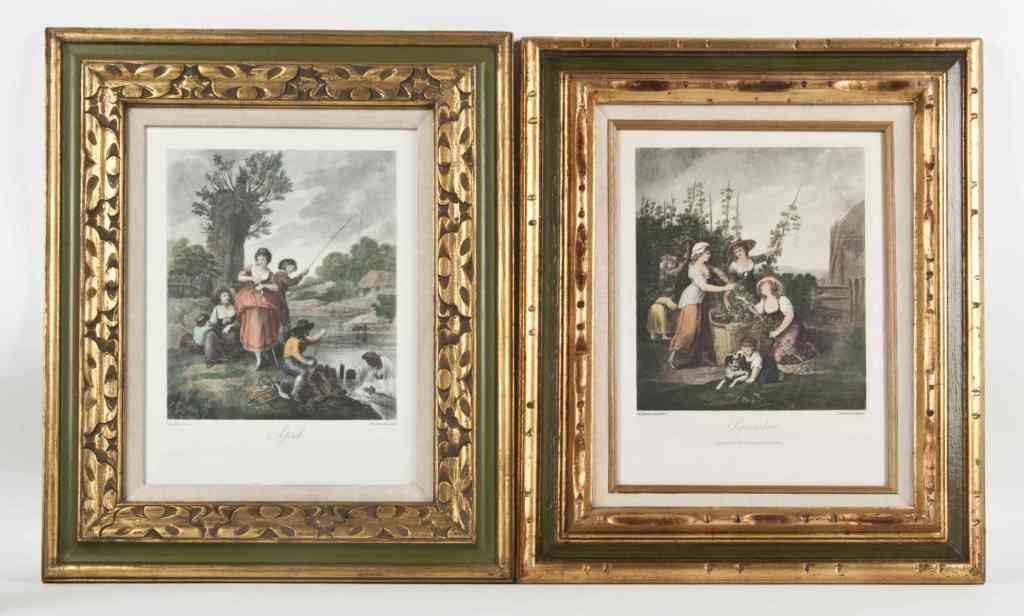 A Pair of English Handcolored Lithographs, Francesc: A Pair of English Handcolored Lithographs, Francesco Bartolozzi, April and September, after the originals by William Hamilton. Height of frame 24 1/4 x width 20 inches. Property from the Estat