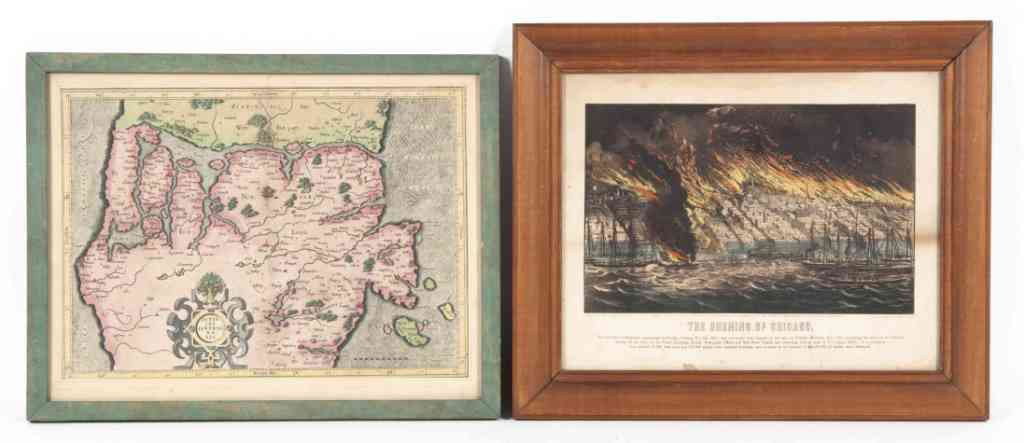 A Group of Six Handcolored Lithographs and Engravin: A Group of Six Handcolored Lithographs and Engravings, lithographs comprising two versions of Traveling on the Liverpool and Manchester Railway by Raphael Tuck & Sons, The Burning of Chicago by Currie