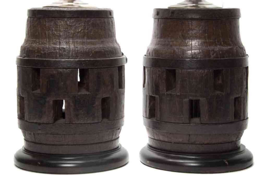 A Pair of Wagon Wheel Cogs, Height overall 24 inch: A Pair of Wagon Wheel Cogs, mounted as lamps. Height overall 24 inches.