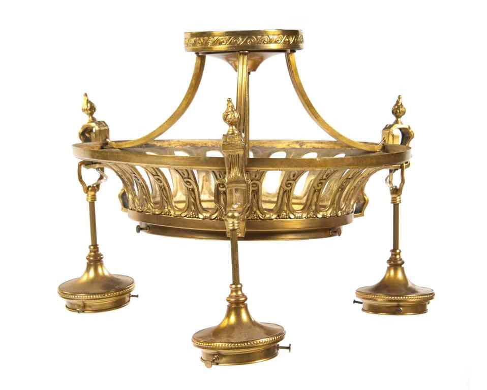 A French Gilt Metal Three-Light Fixture, Diameter : A French Gilt Metal Three-Light Fixture, the circular frame centered with cut and frosted glass diffuser, issuing three pendant lighting elements. Diameter 18 inches.