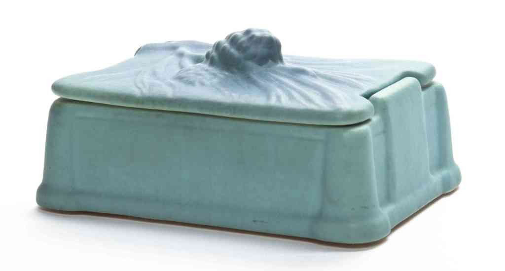 A Van Briggle Box, Height 4 x width 6 inches.: A Van Briggle Box, with pine cone decoration. Height 4 x width 6 inches. Property from the Estate of Mr. Clarence W.W. Smith, Evanston, Illinois