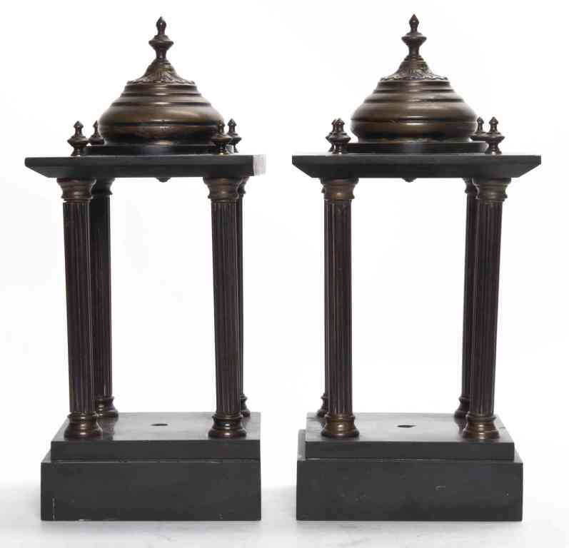 A Pair of Continental Brass and Marble Display Sta: A Pair of Continental Brass and Marble Display Stands, each of temple form. Height 13 inches. Property from the Estate of Mr. Clarence W.W. Smith, Evanston, Illinois