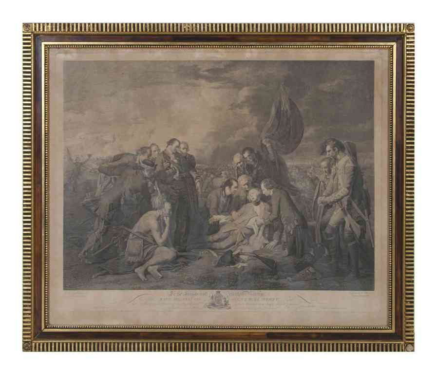 An English Engraving, William Woollett, Height 20: An English Engraving, William Woollett, The Death of General Wolfe, after the original by Benjamin West. Height 20 x width 25 inches.