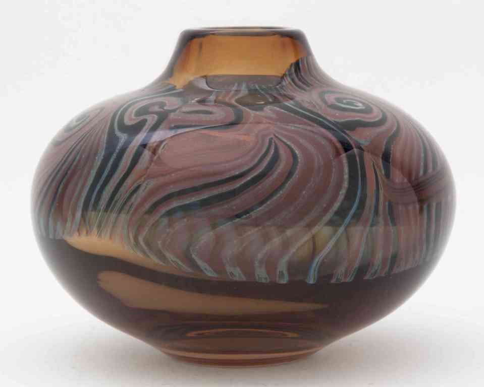 An Albert Young Art Glass Vase, Diameter 6 3/4 inc: An Albert Young Art Glass Vase, of bulbous form, decorated with interior polychrome swirl decoration, having a ground and polished pontil, signed Young 84. Diameter 6 3/4 inches. Property from the Est