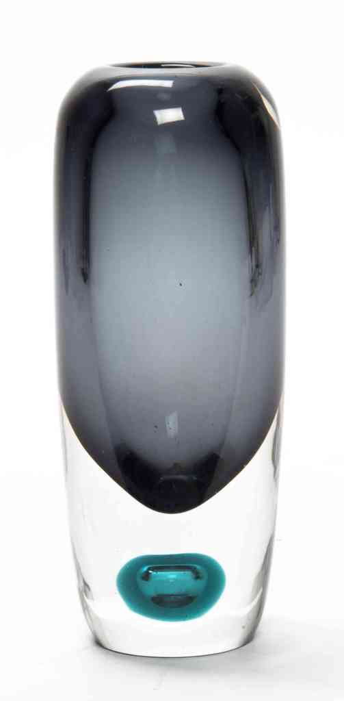 A Saara Hopea Modern Art Glass Vase, Height 7 1/8: A Saara Hopea Modern Art Glass Vase, of cylindrical form, slightly tapering at base, signed S. Hopea, Nuutajarvi Notsjo-58 to base. Height 7 1/8 inches. Property from the Estate of Norma Seidman, Linc