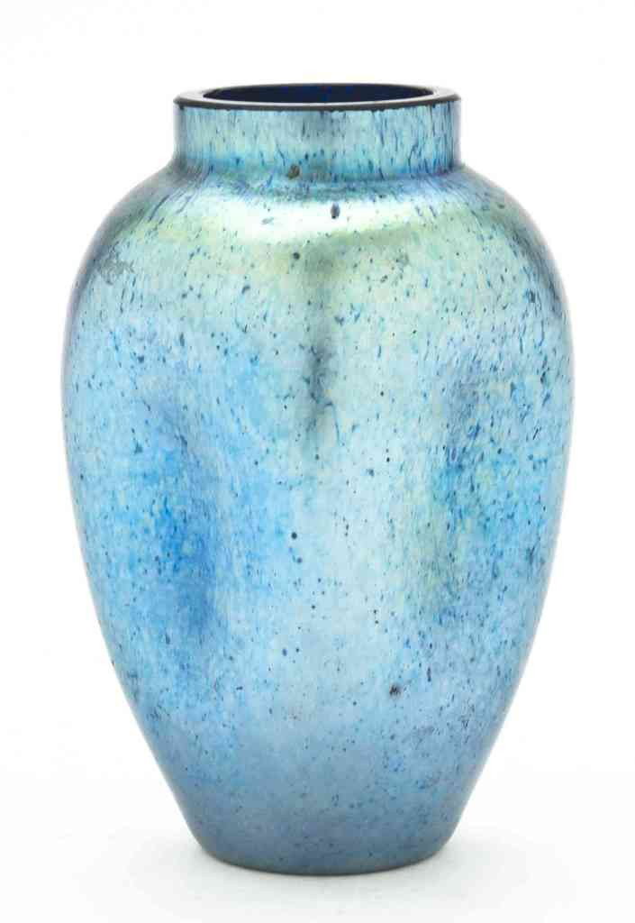 An American Iridescent Glass Vase, Height 4 inches: An American Iridescent Glass Vase, in blue, of square form. Height 4 inches.