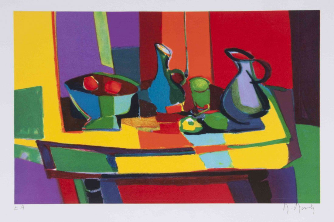Marcel Mouly, (French, 1918-2008), Still Life with: Marcel Mouly (French, 1918-2008) Still Life with Bottles and Fruit lithograph edition E.A, signed M. Mouly (lower right) 11 3/4 x 18 inches Property from the Ellensohn Trust, Chicago,