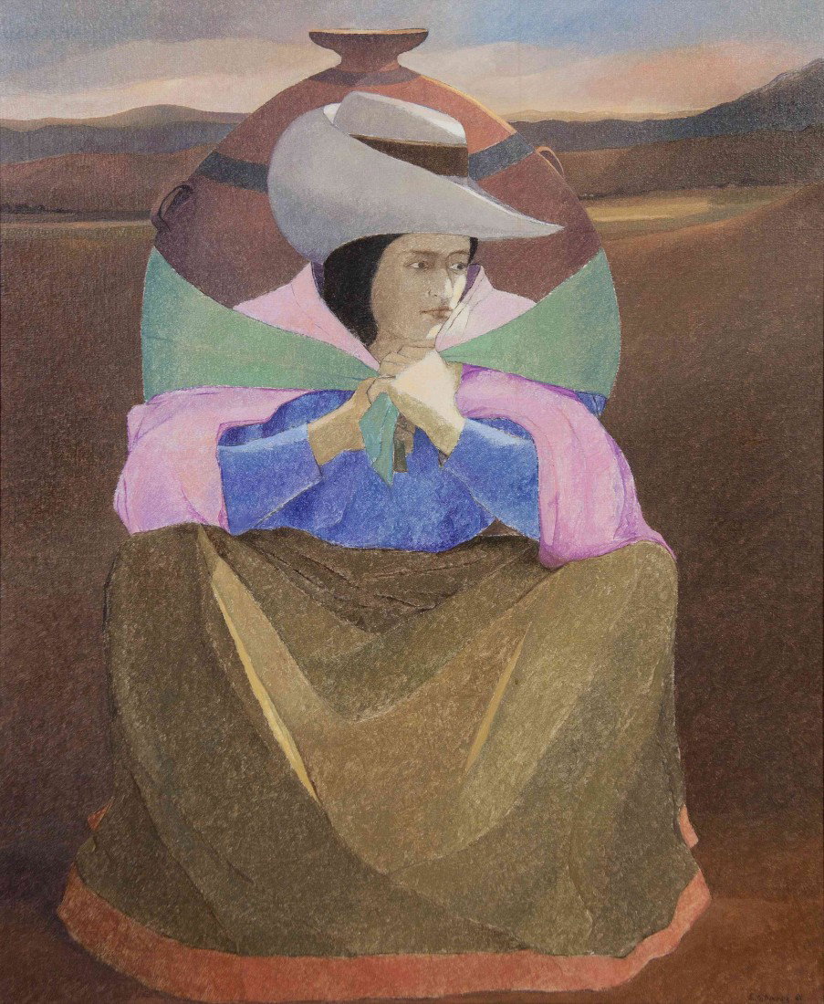Ernesto Gutierrez, (20th century), La Mujer del Po: Ernesto Gutierrez (20th century) La Mujer del Porongo, 1981 oil on canvas signed E. Gutierrez and dated (lower right) 51 x 42 inches. Property from the Collection of Mr. and Mrs. John