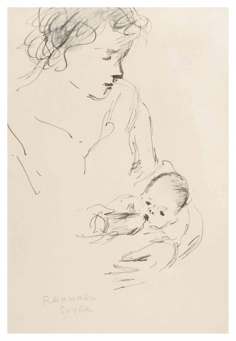 Raphael Soyer, (American, 1899-1987), Mother and C: Raphael Soyer (American, 1899-1987) Mother and Child ink on paper signed Raphael Soyer (lower left) 9 1/2 x 6 3/4 inches.