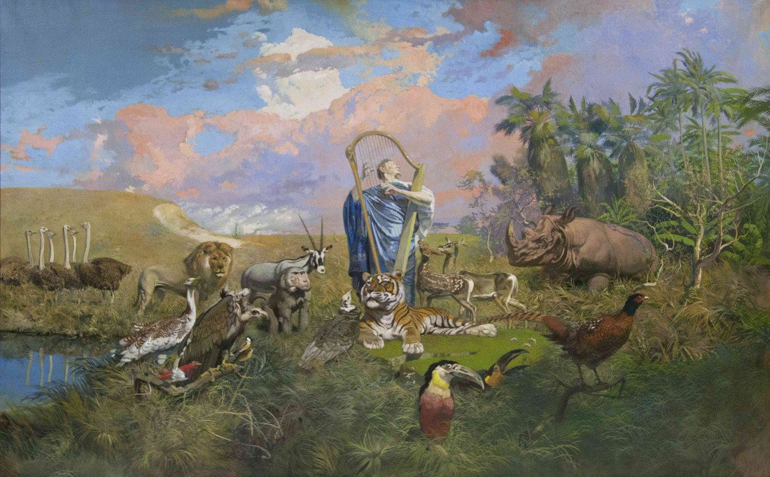 Julius Moessel, (American, 1872-1960), Music for t: Julius Moessel (American, 1872-1960) Music for the Animals, 1929 oil on canvas signed Julius Moessel and dated (center right) 72 x 114 inches.