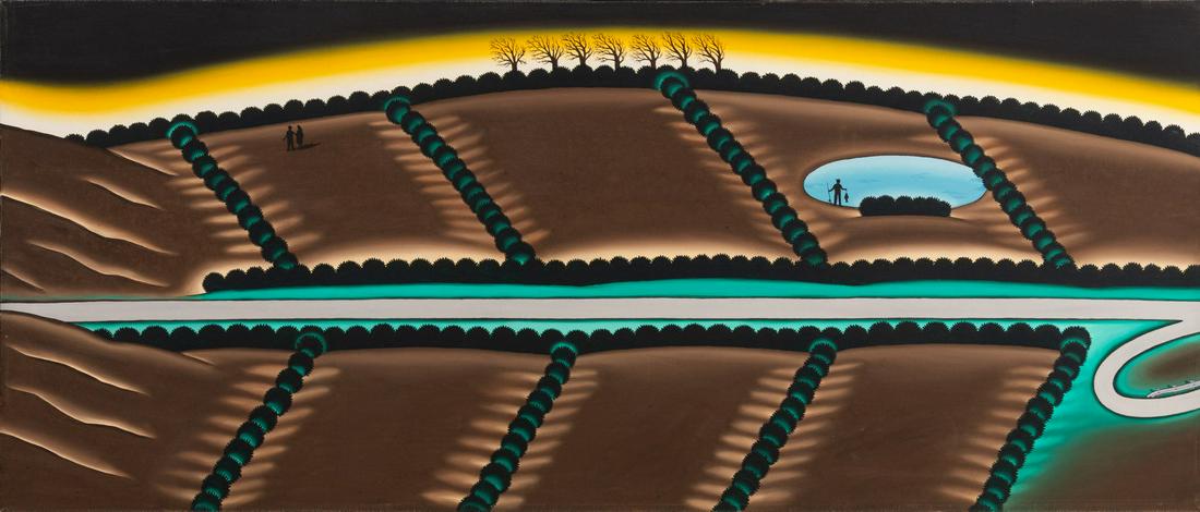 Roger Brown (American, 1943-1997) Sportsman's Trophy, 1973: Roger Brown (American, 1943-1997) Sportsman's Trophy, 1973 oil on canvas titled (verso) 30 1/8 x 70 1/2 inches. Provenance: Phyllis Kind Gallery, Chicago Mr. and Mrs. Earl Durham, Chicago Phyllis Kind